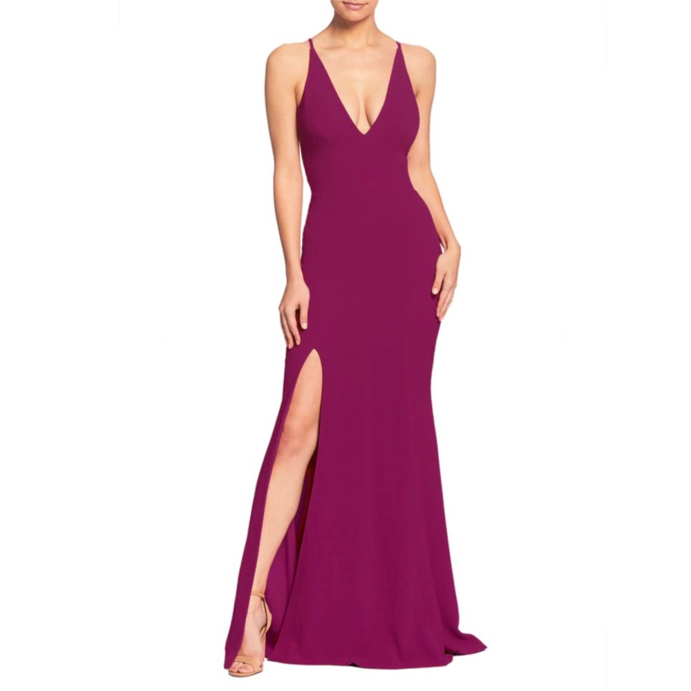 Dress the Population Plum V-Neck Spaghetti Strap Maxi Dress with Thigh Slit